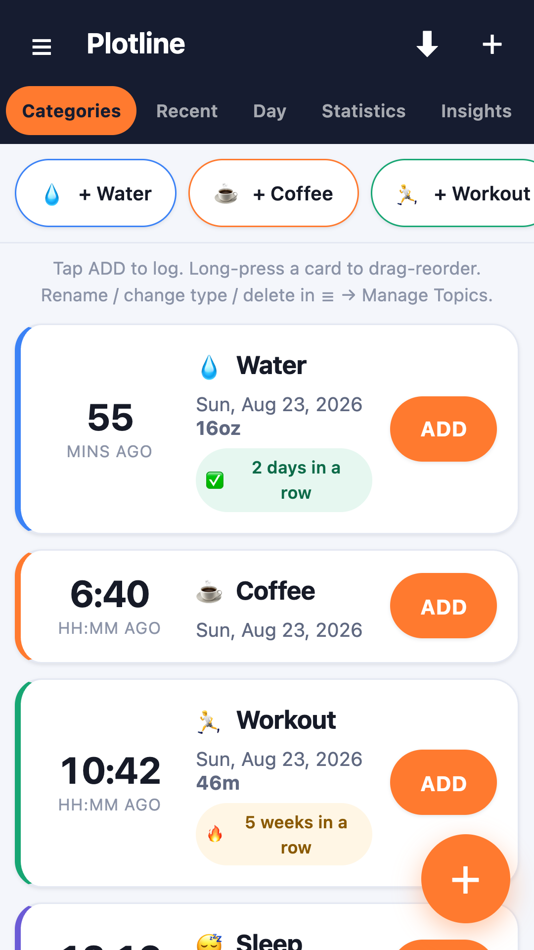 Topic cards showing time since last and one-tap add buttons